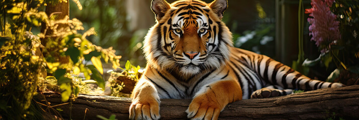 Fototapeta na wymiar Tiger in early morning light banner