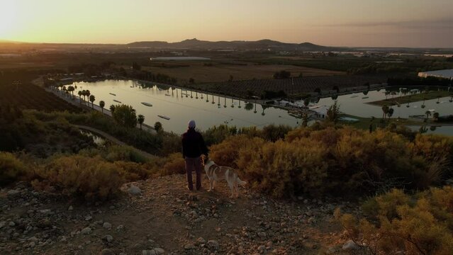 Girl with a dog are on top of a hill and watching the dawn. Against the background of a lake, wakepark, palm trees, plantations and greenhouses. Golden hour, sunrise. High quality 4k drone footage