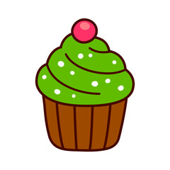 Christmas cupcake with Christmas tree frosting. Kawaii hand drawn doodle icon. Cute cartoon vector illustration.