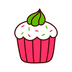Christmas cupcake with frosting. Kawaii hand drawn doodle icon. Cute cartoon vector illustration.