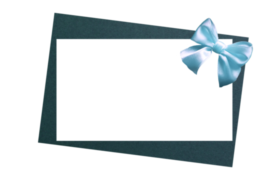 Gift two-color card. White blank card on blue. Blue satin bow. PNG, isolated on a transparent background. Copy space. Christmas, Easter or birthday present template mockup