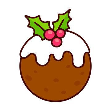 Traditional Christmas pudding with frosting and holly. Kawaii hand drawn doodle icon. Cute cartoon vector illustration.