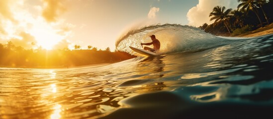 Surfer on Amazing Wave at sunset time