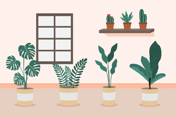House plants home decor vector illustration. Green plants standing in pots. Indoor plants in a room.