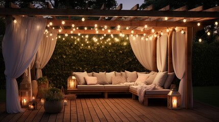 A cozy outdoor space with heart-shaped fairy lights strung across a wooden pergola. - obrazy, fototapety, plakaty