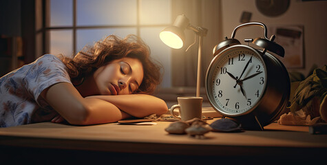 woman sleeping on a desk with alarm clock on it