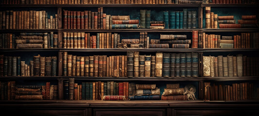 Wall full of very old books banner background 