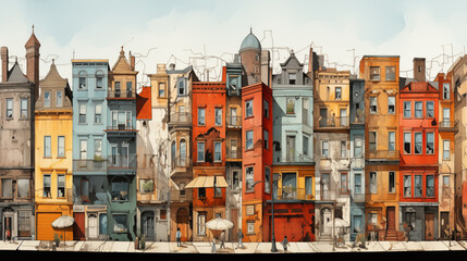 An artistic collage of townhouses in a vibrant city.   - obrazy, fototapety, plakaty