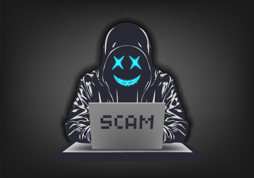 Vector cyber poster. Internet security. An unknown hooded scammer sitting at a mobile computer. Be careful, scam. Dangerous hacker.