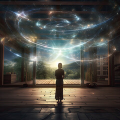 Woman manifesting a beautiful home with swirling rings of universal energy  