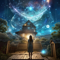 Woman manifesting a beautiful home with swirling rings of universal energy  