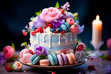 A colorful  cake covered in bright flowers, berries and topped with a  macarons.
