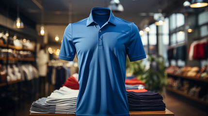 Naklejka premium Blue polo shirt in a store.