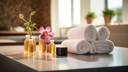 Fototapeta na wymiar Spa and wellness themed arrangement of candles essential oils flowers and towels