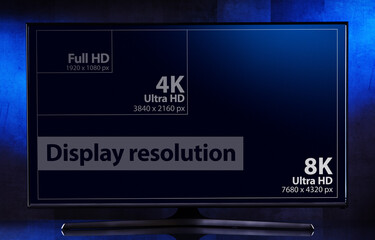 A flat-screen TV set showing 3 popular display resolutions