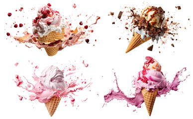 Set of delicious ice cream explosions, cut out - obrazy, fototapety, plakaty