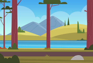 Wood landscape. outdoor trees and mountains. Vector background in cartoon style