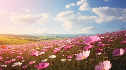 Professional Low Photo of a Field full of Pink Flowers in a Clear and Sunny Day. Photo of an Empty Valley with Landscape of some Far Hills. Nature Lover.