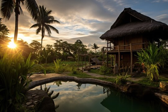 Professional Photo of a Bahay Kubo. Wooden House Camp Next to a Little River in a Resort During Sunset SUrrounded By Palms.