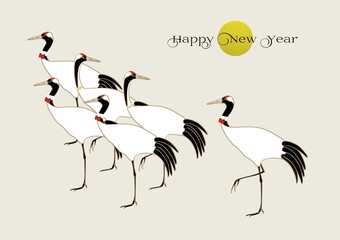 蝶ネクタイとカラー、ネックレスを身に着けポーズをとる丹頂鶴の群れ　年賀状デザイン