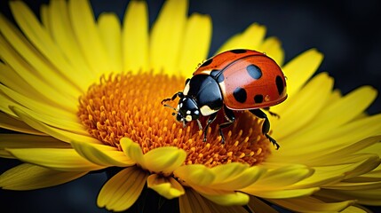 Fototapeta premium Professional Macro of an Red and Black Spotted Ladybug Placed on a Bright Yellow Flower in a Sunny Day.