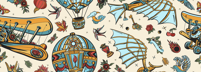 Medieval flying machines seamless pattern. Air balloon, retro airplane. Old school tattoo art. Leonardo Da Vinci style © intueri