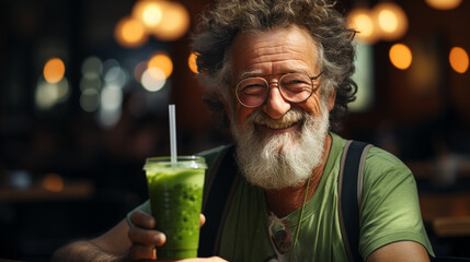 Happy elderly man drinking a green smoothie.