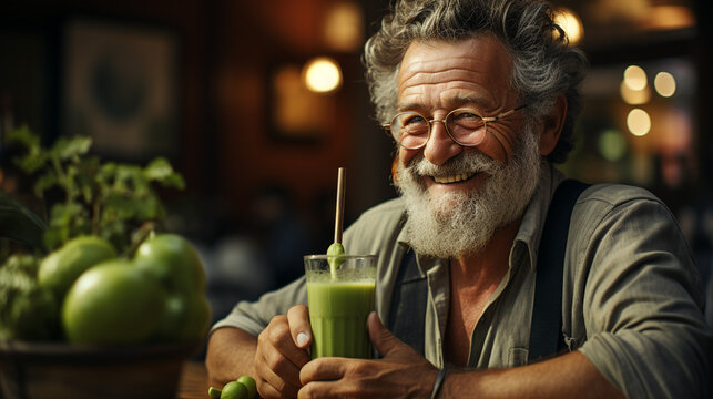 Happy elderly man drinking a green smoothie. - Powered by Adobe