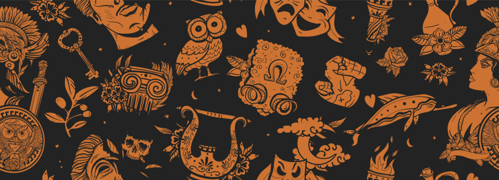Ancient Greece seamless pattern. Antique ceramic style. Historical myths heroes and legends background. Athena, greek olympic gods
