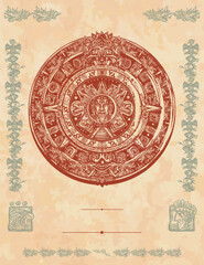 Ancient civilization background. Aztec sun stone. Old paper vector. Cover page template. Incas and mayan culture. Historical frame