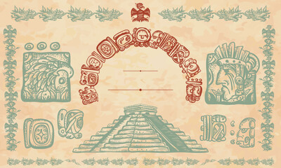 Ancient civilization background. Old paper vector. Cover page template. Mayan pyramids and glyphs. Historical frame, tribal ornaments. Chichen Itzá, Yucatán ruinas. Aztecs, Incas - obrazy, fototapety, plakaty