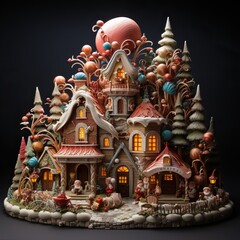Fototapeta premium Professional Close up of a Massive Beautiful and Sweet Christmas themed Gingerbread House in the Middle of the Woods.