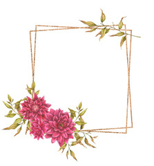Golden square floral frame made of dahlias, foliage, dried flowers and rose hips. Watercolor design for cards, invitations, announcements, etc. Wedding, birthday, anniversary, Valentine's Day.
