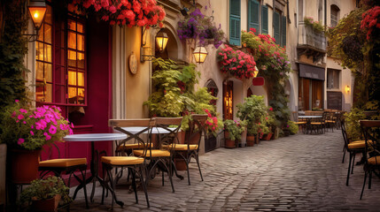 Fototapeta na wymiar Charming European Street Cafe at Dusk