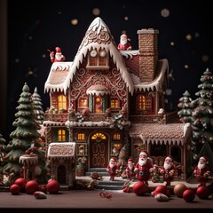 Professional Close up of a Massive Beautiful and Sweet Christmas themed Gingerbread House in the Middle of the Woods.