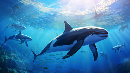 Fototapeta premium Orca Pod Swimming Gracefully Under Ocean Surface