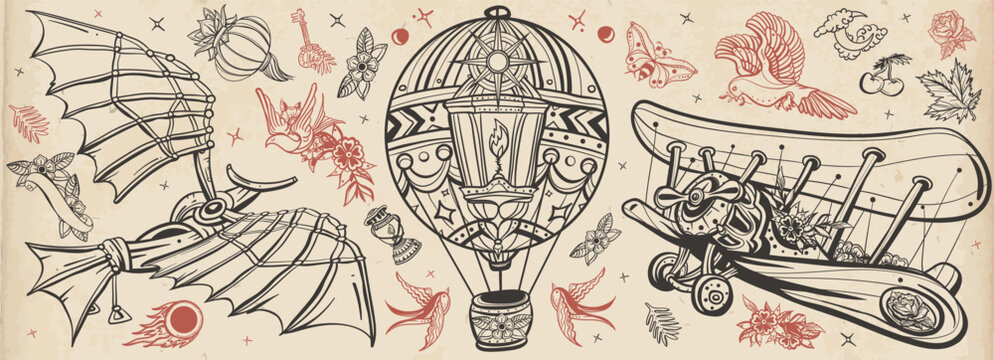 Medieval flying machines, air balloon, retro airplane. Leonardo Da Vinci style. Old school tattoo vector collection