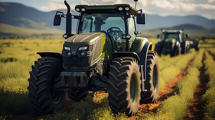 Obraz premium Modern agricultural tractors in green field.