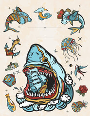 Cover page vector template. Great white shark and ship. Sea adventure style. Old school tattoo background