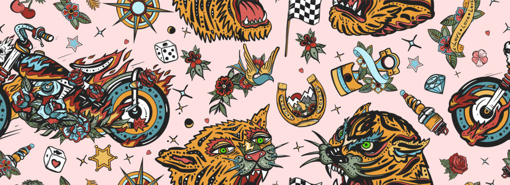 Bikers seamless pattern. Rider moto sport background. Racers lifestyle. Old school tattoo style. Burning chopper motorcycle and tiger face