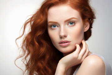 Fototapeta premium Portrait of a young beautiful red-haired woman with perfectly smooth skin, on a light background. Tenderness and sensuality. Concept of natural beauty, plastic surgery, cosmetology,skin care.