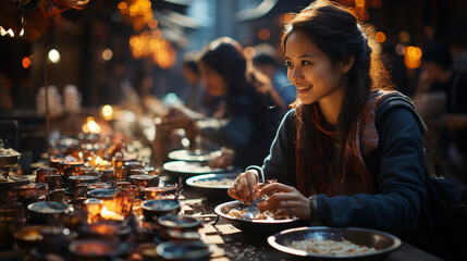 People with a food in asian outdoor market. - obrazy, fototapety, plakaty