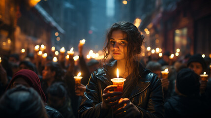 People participating in a candlelight in night city.