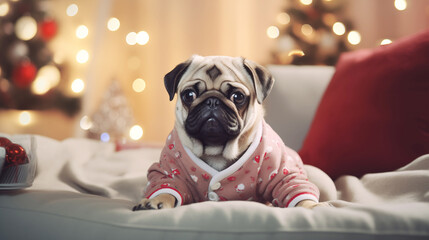 A charming pug puppy in a multicolored jumpsuit on a blue sofa near a Christmas tree with a blurry festive decor. Portrait of a beloved dog at home with a backlight with a bokeh effect. Close-up
