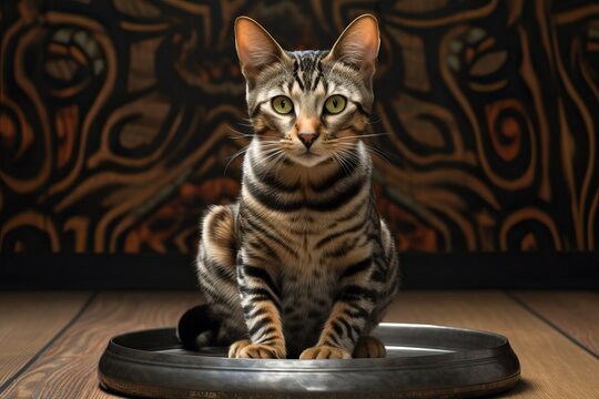 Professional Photo of a Cute Cat Sitting in a Bowl Placed on the Ground in an Empty Room While Looking Next to the Camera With His Big Green Eyes.