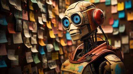 Robot in front of sticky notes wall.