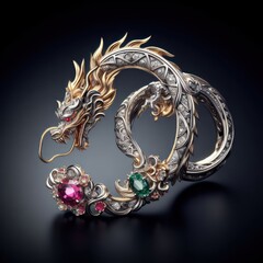 Beautiful elegant necklace in the shape of a dragon with precious stones, rubies, sapphires, emeralds, gold and platinum  generated by artificial intelligence