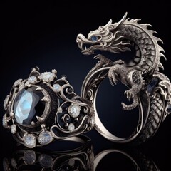 Fototapeta na wymiar Beautiful elegant ring and necklace in the shape of a dragon with precious stones, rubies, sapphires, emeralds, gold and platinum generated by artificial intelligence