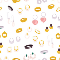 Earrings and rings seamless pattern. Jewelry store background, gemstones and pearls. Gold jewelries fabric print, vector decorative background