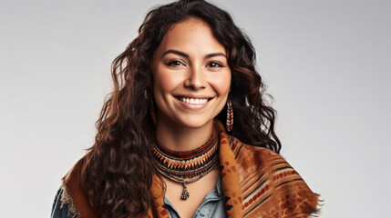 Fictitious beautiful Native American woman model AI generative - obrazy, fototapety, plakaty